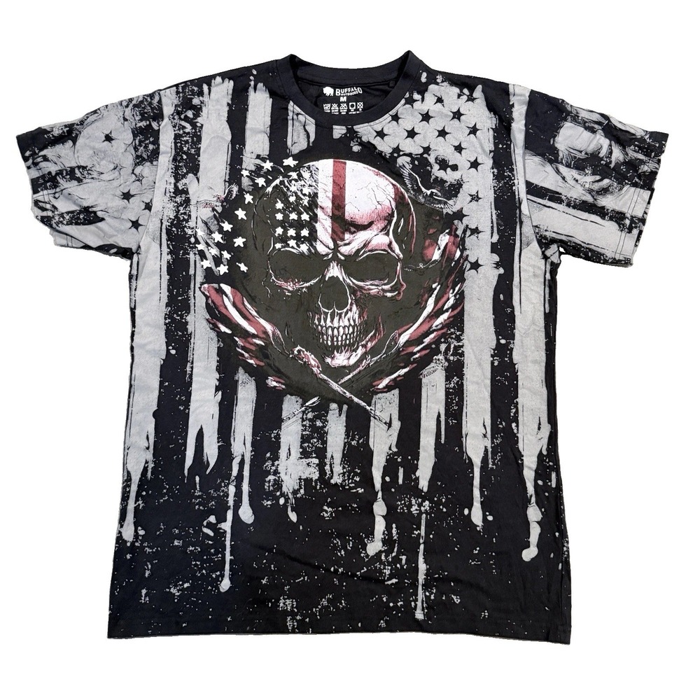 Buffalo Outdoors Mens M Shirt Skull American Flag All Over Print Graphic Tee